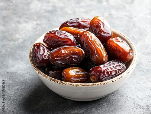Ripe dates in a white bowl on a grey background, close-up view. Ramadan food concept with copy space. Stock photo with 2/3 of the frame available for text.