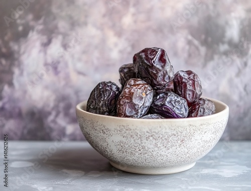 Ripe dates in a white bowl on a grey background, close-up view. Ramadan food concept with copy space. Stock photo with 2/3 of the frame available for text.