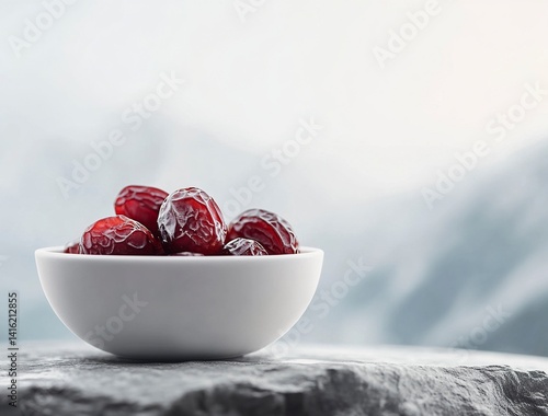 Ripe dates in a white bowl on a grey background, close-up view. Ramadan food concept with copy space. Stock photo with 2/3 of the frame available for text.