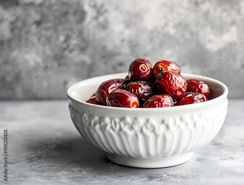 Ripe dates in a white bowl on a grey background, close-up view. Ramadan food concept with copy space for text or design. Fresh date fruits. Stock photo contest winner, high resolution, high detail, na