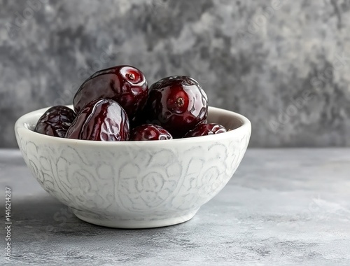 Ripe dates in a white bowl on a grey background, close-up view. Ramadan food concept with copy space for text or design. Fresh date fruits. Stock photo contest winner, high resolution, high detail, na