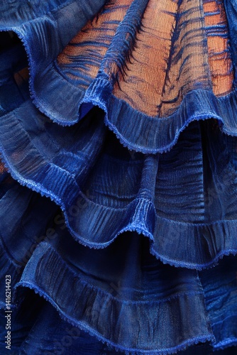 Bilde på lerret Close-up of vibrant ultramarine ruffled fan fabric, showcasing captivating curve
