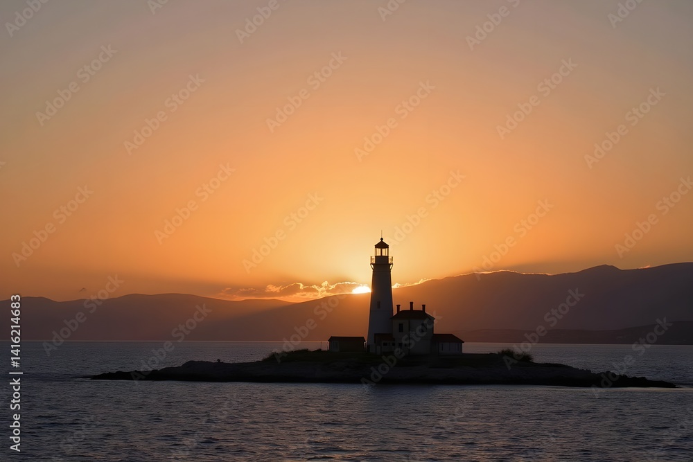 Island Lighthouse Illuminated by Sunrise Light Island Lighthouse Illuminated by Sunrise Light
