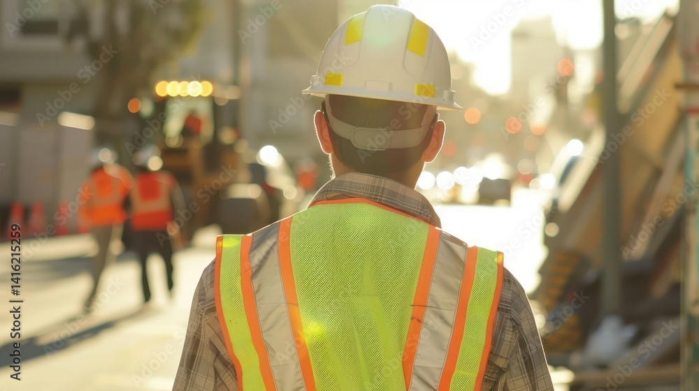 A construction worker carrying materials or tools while wearing a safety hard hat and reflective vest, illustrating adherence to safety protocols and regulations on job sites. A construction worker carrying materials or tools while wearing a safety hard hat and reflective vest, illustrating adherence to safety protocols and regulations on job sites.