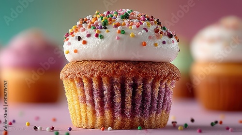 a delicious cupcake with colorful sprinkle and icing,photo stock