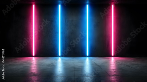 Wallpaper Mural A dark, empty room with a concrete floor is illuminated by three vertically aligned neon lights; one pink on each end and a blue light in the center, casting reflections on the wet floor. Torontodigital.ca
