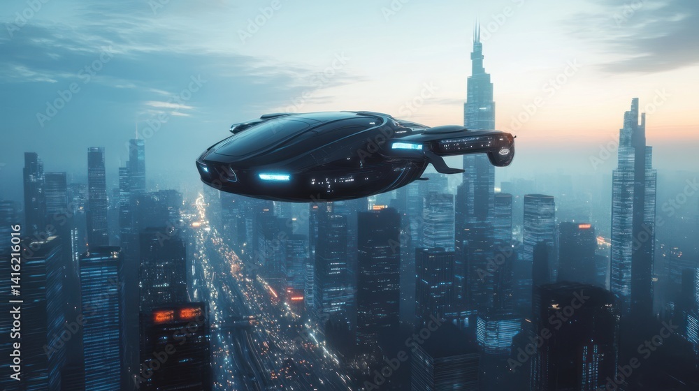 Futuristic cityscape view with sleek spaceship navigating above urban sprawl Futuristic cityscape view with sleek spaceship navigating above urban sprawl