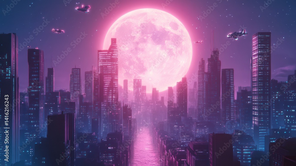Futuristic megacity at night with a giant moon and flying vehicles hovering above Futuristic megacity at night with a giant moon and flying vehicles hovering above