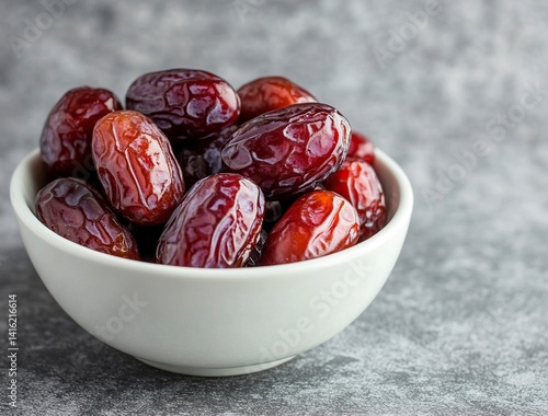 Ripe dates in a white bowl on a grey background, close-up view. Ramadan food concept with copy space for text or design. Fresh date fruits. Stock photo contest winner, high resolution, high detail, na