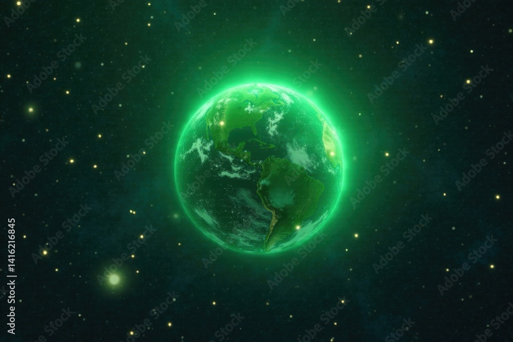 Fototapeta premium Glowing green planet surrounded by shimmering silver stars, glowing, glowing, stars