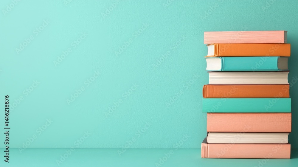 Fototapeta premium Stack of colorful books on a teal background