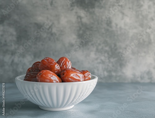 Ripe dates in a white bowl on a grey background, close-up view. Ramadan food concept with copy space for text or design. Fresh date fruits. Stock photo contest winner, high resolution, high detail, na