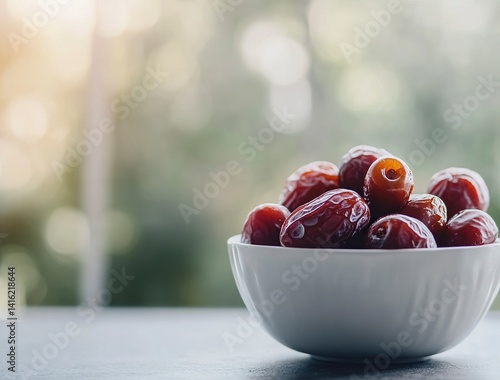 Ripe dates in a white bowl on a grey background, close-up view. Ramadan food concept with copy space for text or design. Fresh date fruits. Stock photo contest winner, high resolution, high detail, na