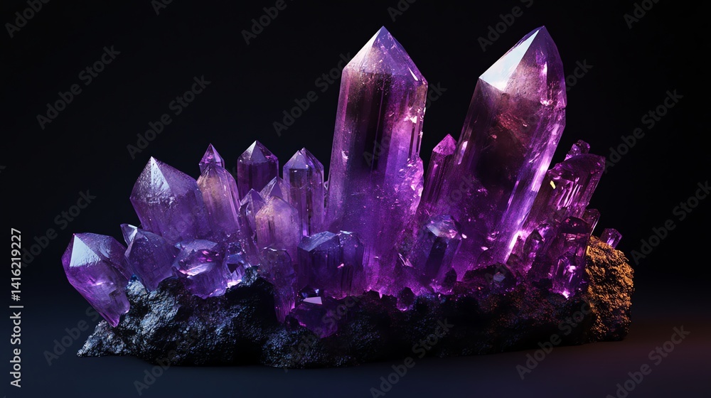 Fototapeta premium Purple Crystal Cluster on Rock Formation Mineral Specimen Close-up