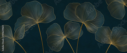 Luxury dark art background with golden flowers hand drawn in line style. Botanical banner for decor, print, textile, wallpaper, packaging, interior design.