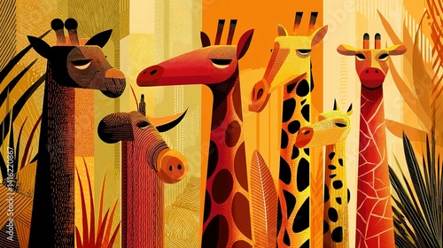 Colorful giraffe and animal group portrait in a stylized forest.