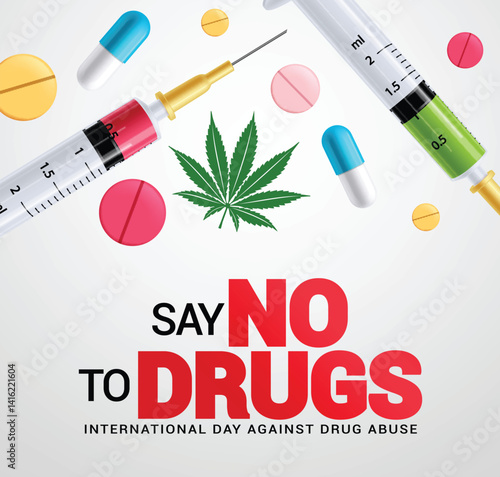 Drugs abuse clipart design. Say no to drugs signage clip art for international awareness day campaign stop addiction poster vector illustration. 
