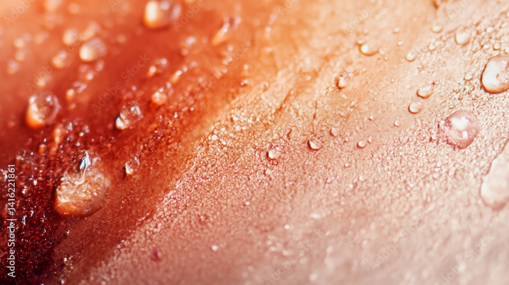 Fototapeta premium Close-up of Fresh Peach Skin with Water Droplets After Rain