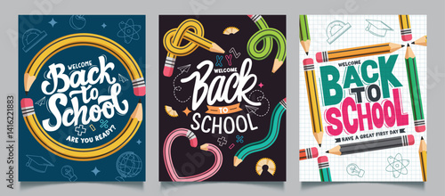 Back to school greeting clipart poster set. Welcome back to school text clip art with pencils and pen educational elements for education flyers, template and cards collection vector illustration. 
