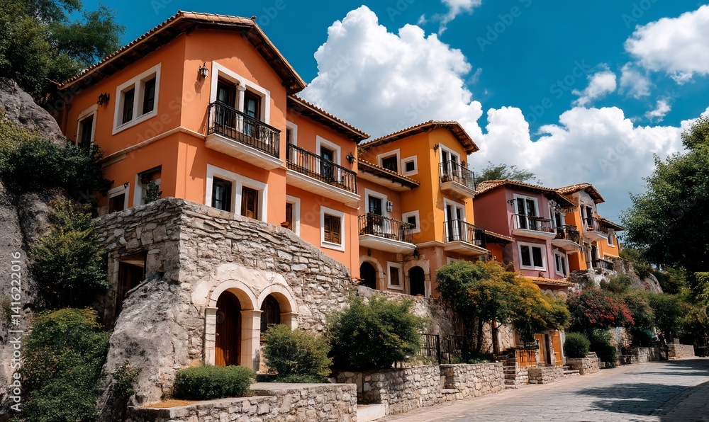 Colorful villas on a sunny day, surrounded by greenery, with blue sky and clouds Colorful villas on a sunny day, surrounded by greenery, with blue sky and clouds