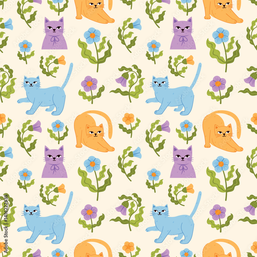 Pastel delicate trendy modern seamless pattern with flowers, botanical elements and cute cats in different poses. Beautiful soft floral wallpaper for textiles, scrapbooking, interior. Pastel delicate trendy modern seamless pattern with flowers, botanical elements and cute cats in different poses. Beautiful soft floral wallpaper for textiles, scrapbooking, interior.