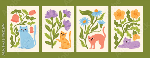 Flower market modern trendy poster set with cute pastel cats, kittens and flowers. Vector card with plants, flowers, leaves, botanical elements collection. Hand drawn illustrations with gentle kitties