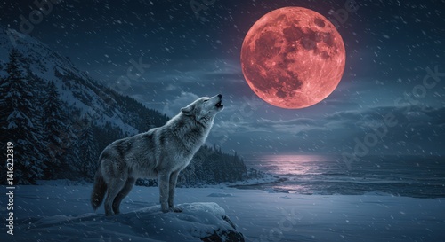 Wallpaper Mural Howling at the Crimson Moon: A lone wolf's winter serenade under a breathtaking blood moon. Torontodigital.ca