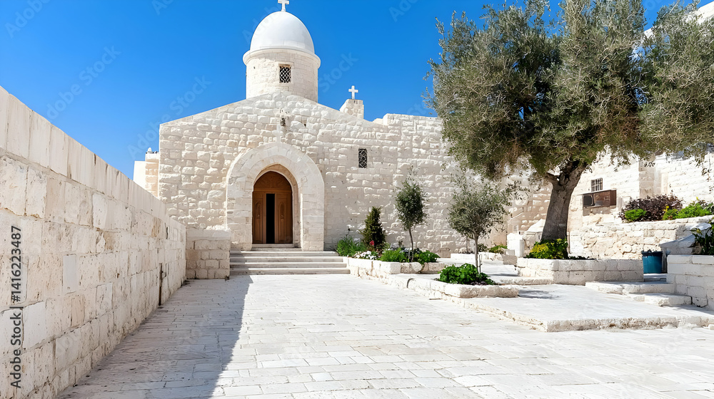 Fototapeta premium Serene white building courtyard peaceful architectural photography