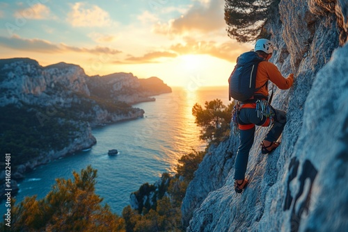 Climbing Adventure at Sunset Calanques National Park Action Photography Coastal Landscape Outdoor Viewpoint