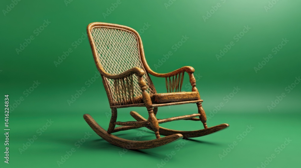 A classic rocking chair against a vibrant green background. Perfect for evoking feelings of comfort and relaxation. A classic rocking chair against a vibrant green background. Perfect for evoking feelings of comfort and relaxation.