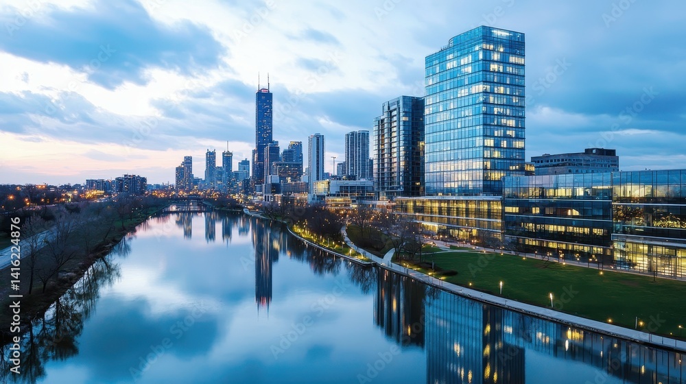 Obraz premium Stunning modern city skyline reflecting in a tranquil river at dusk.
