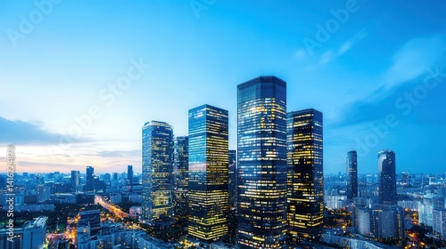 Wallpaper Mural City skyline at twilight with high-rise buildings illuminated against a deep blue sky. Torontodigital.ca