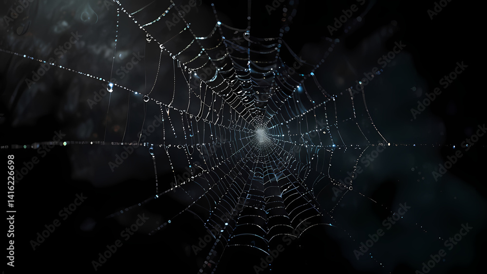Naklejka premium Spider Web with Dew Drops on Black Background – Artistic Macro Illustration