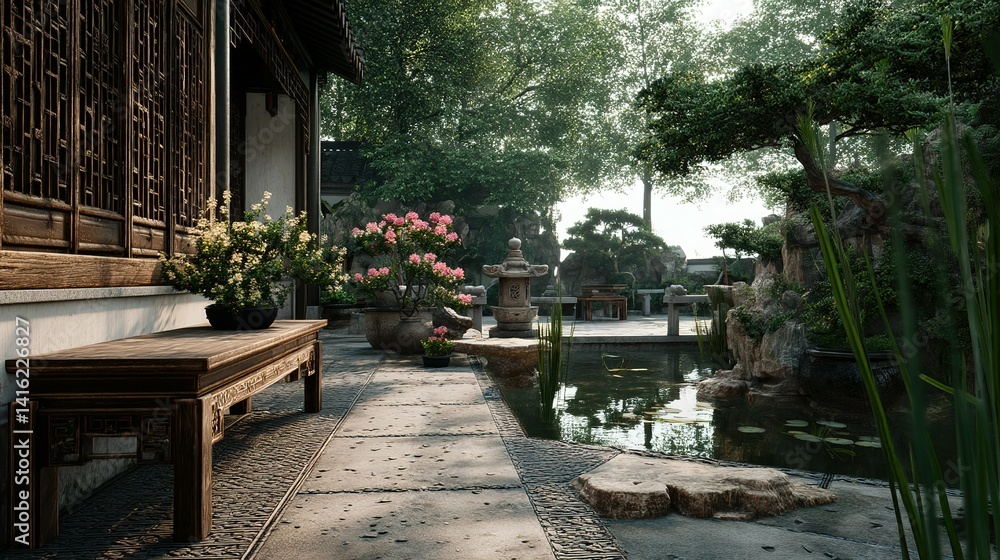 Obraz premium Tranquil Asian courtyard garden with traditional architecture.
