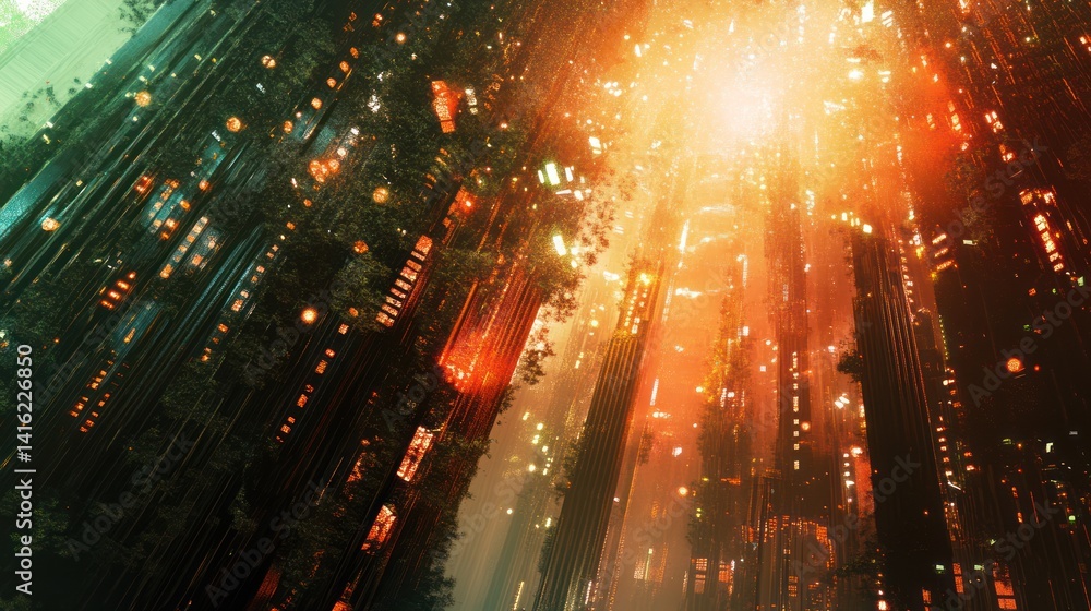 Obraz premium Futuristic cityscape bathed in ethereal light showcases technological marvels