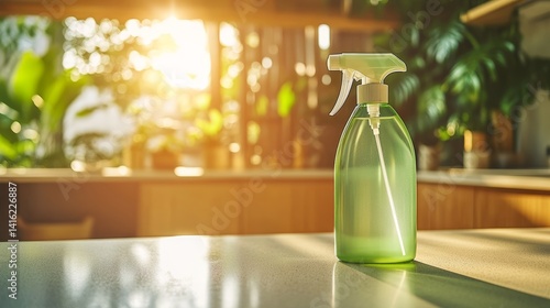 Natural green cleaning spray bottle on countertop with kitchen background 