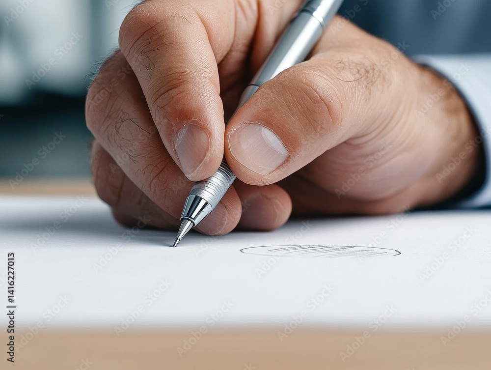 Close-up of a man’s hand writing notes with a sleek pen on white paper. Close-up of a man’s hand writing notes with a sleek pen on white paper.