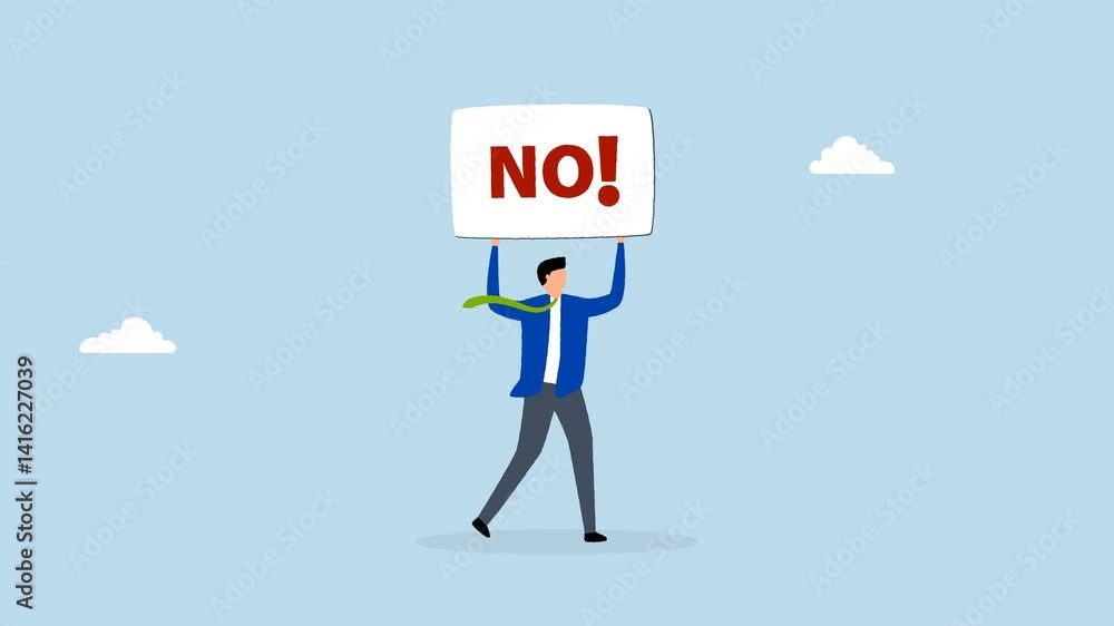 Say no, 4k animation of Businessman displays sign that reads NO, conveying strong sense of rejection. Say no, 4k animation of Businessman displays sign that reads NO, conveying strong sense of rejection.