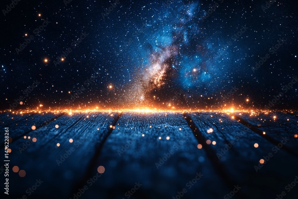 Exploring the Cosmic Depths Stars and Galaxies background with wooden table