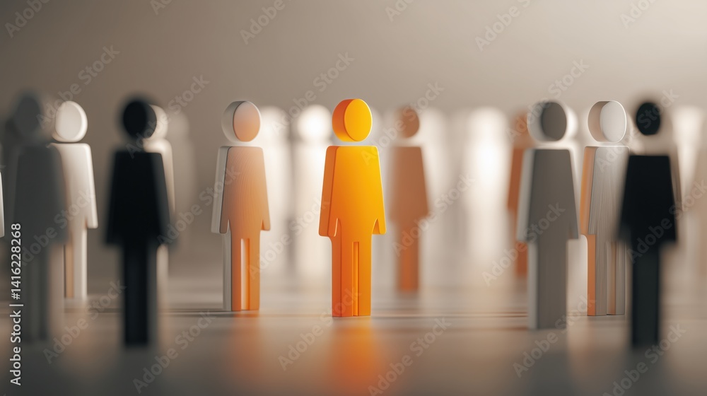 Colorful figure stands out among a group of monochrome figures in a minimalistic setting.
