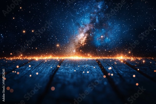 Obraz na płótnie Exploring the Cosmic Depths Stars and Galaxies background with wooden table w salonie