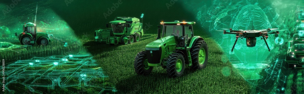 Obraz premium Collage of AI-powered tractors, drone crop monitoring, and smart irrigation systems in futuristic farm design, green holographic light with left copy space