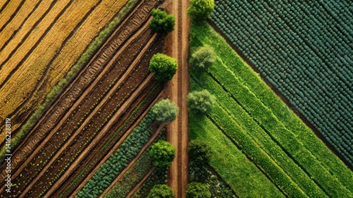 Stylized top-down view collage combining satellite imagery of farms, data overlays, soil zones, crop density, and ecological mapping, gradient text space