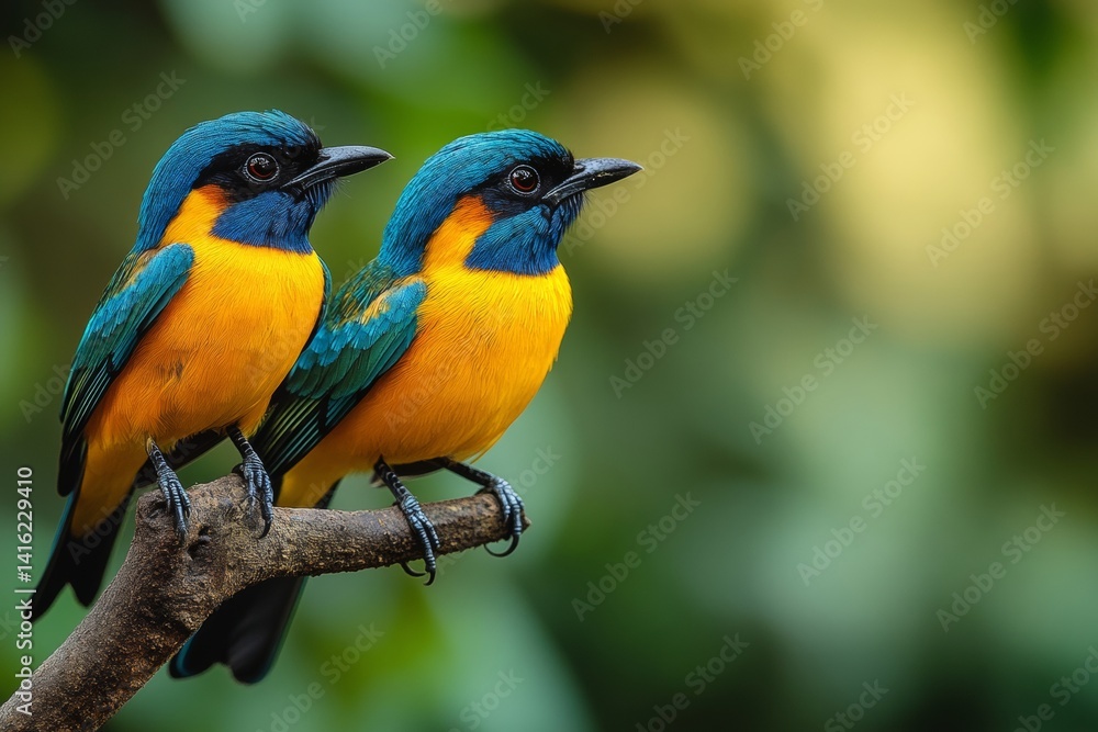 Fototapeta premium Blue and Yellow Birds Perched on Branch Tropical Rainforest Wildlife Photography with copy space