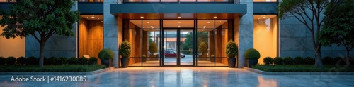 Office building entrance with large metal doors and security gate, architecture, building