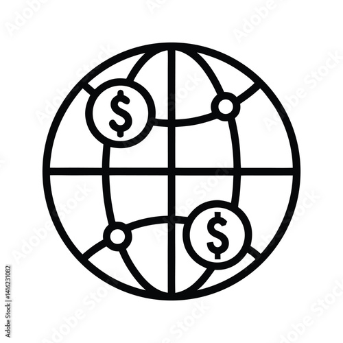 Global Finance Icon, Globe with Dollar Signs, Networked Connections Line Art