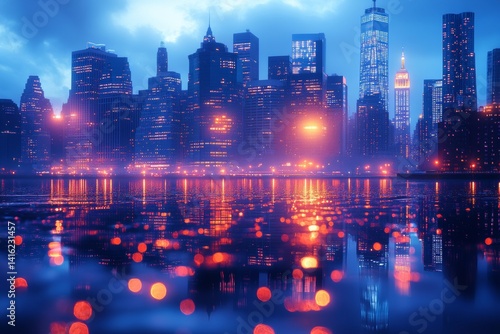 Nighttime Cityscape Reflection New York Photography Urban Aerial View Modern Aesthetics