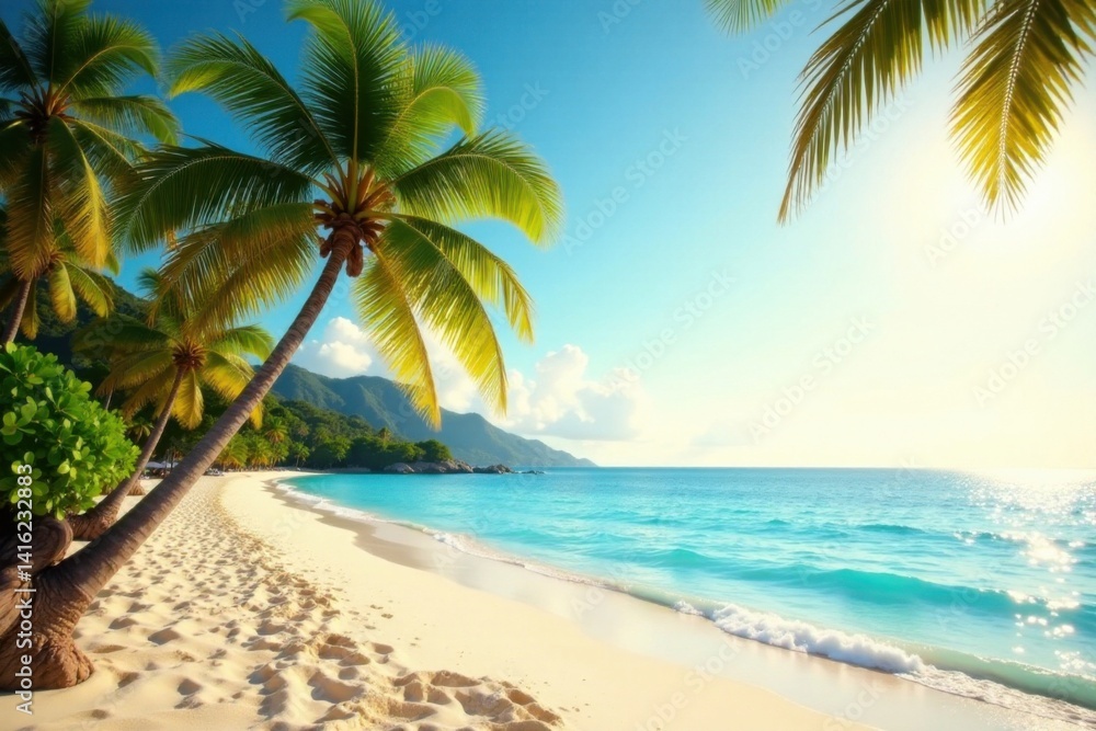 Fototapeta premium Palm trees swaying gently in warm ocean breeze, ocean, vintage flair