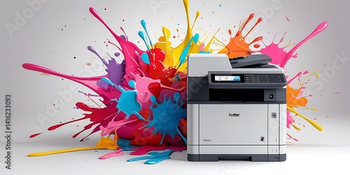 Colorful multifunction office printer standing on a pink backdrop with vibrant CMYK ink splashes bursting behind it, symbolizing modern printing and creative expression.


