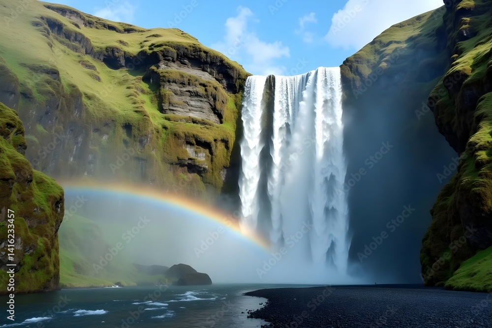 Fototapeta premium A waterfall plunging into a deep canyon with a rainbow